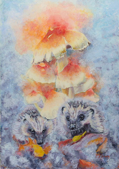 Artwork reproduction of Hedgehogs and Mushrooms.