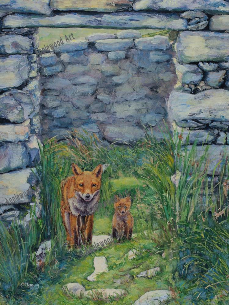 Two foxes standing within a weathered stone ruin.