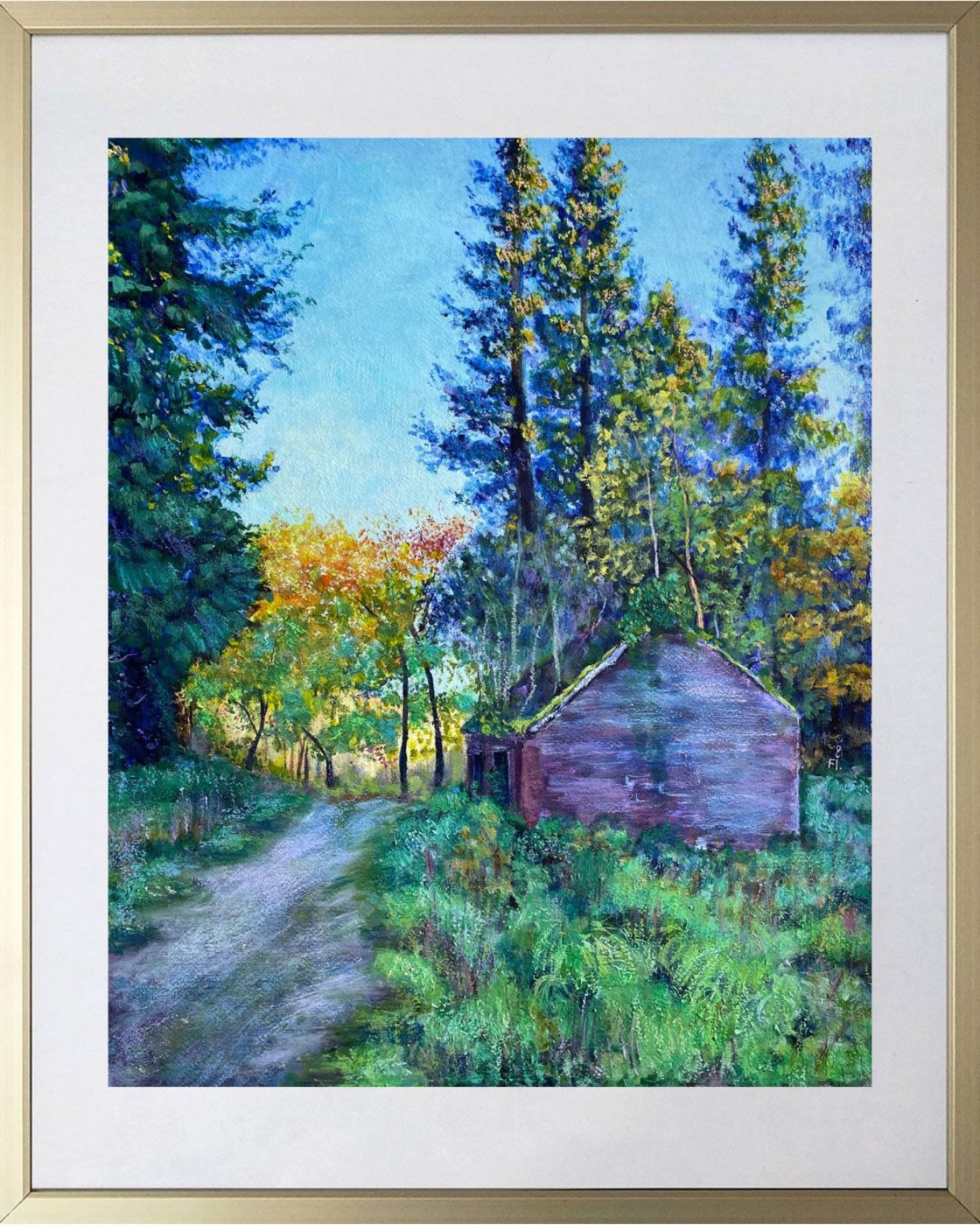 The autumn painting presented in a pale frame.