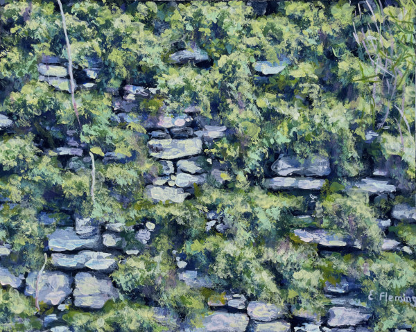 A close painting of an old stone wall softened by moss and growth.
